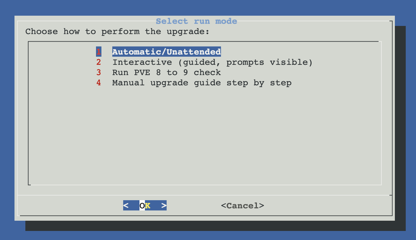 PVE 8 to 9 upgrade mode menu with Automatic, Interactive, Pre-check and Manual guide options