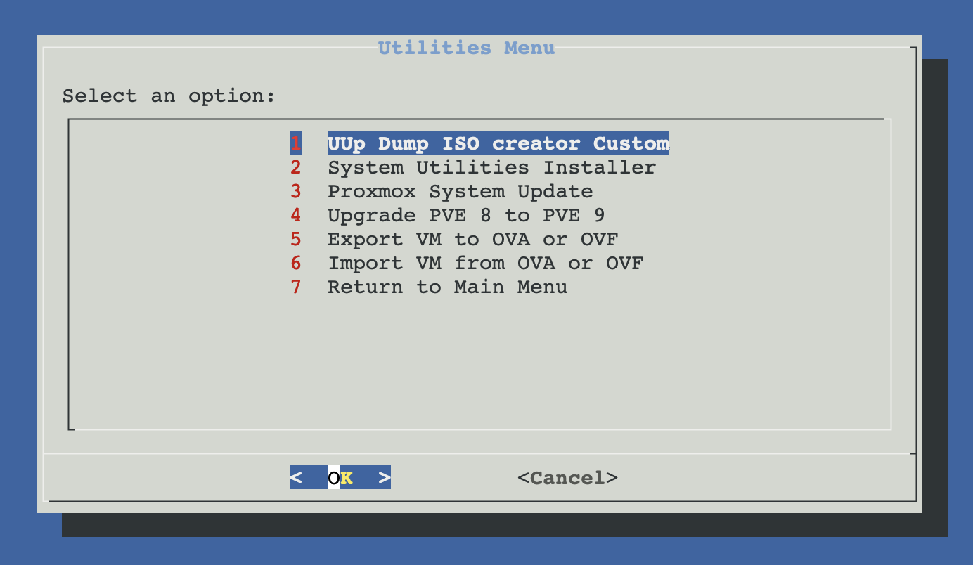Utilities menu with UUP Dump, system utilities, update, upgrade, export and import