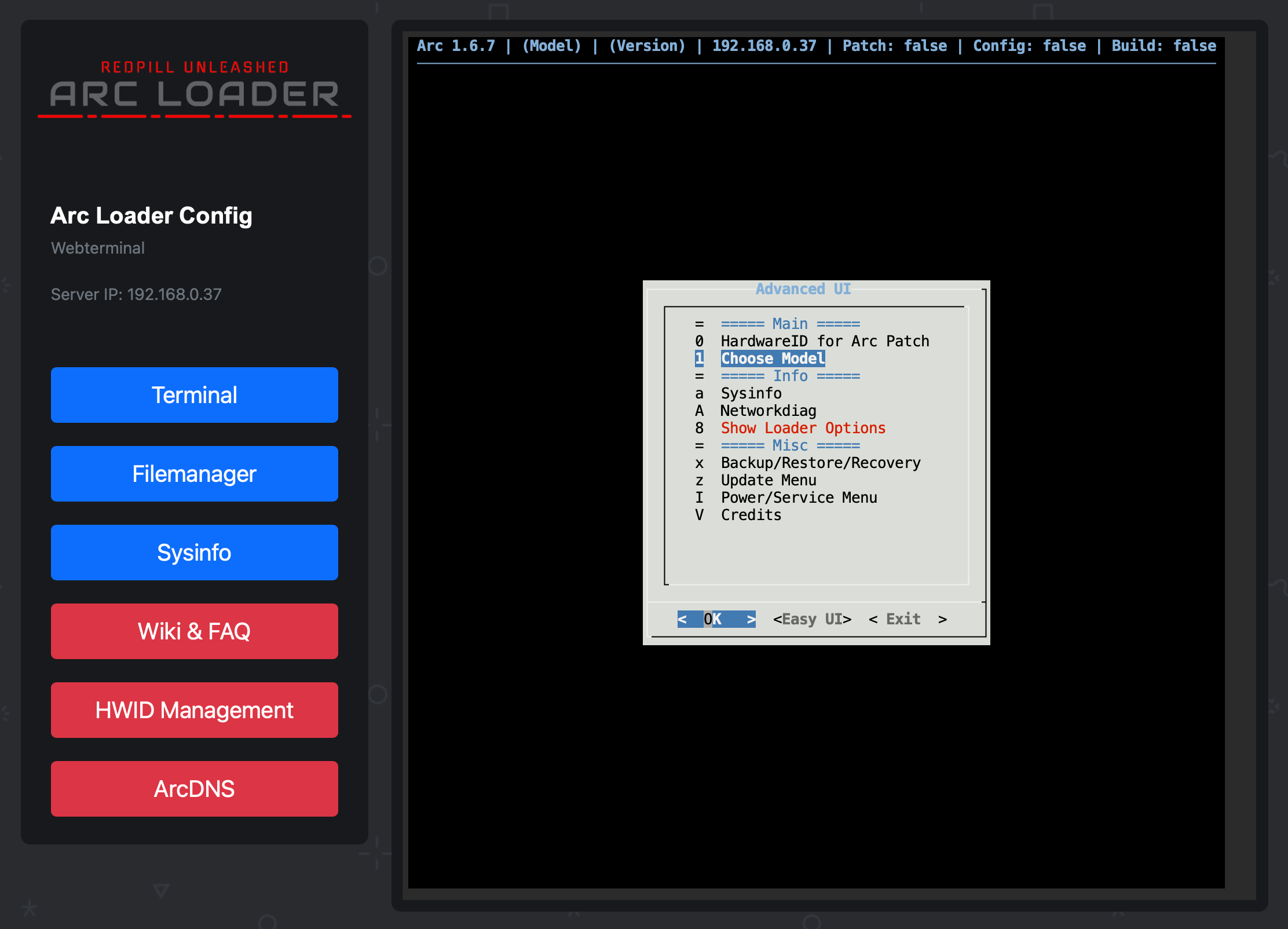Arc loader web interface
