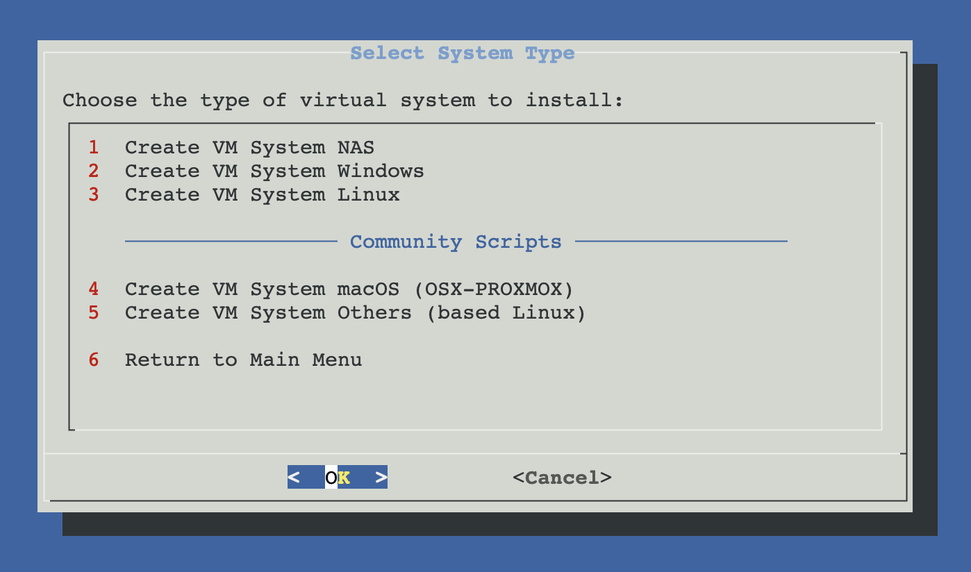 Create VM dispatcher with 3 ProxMenux options (NAS / Windows / Linux) followed by the Community Scripts section (macOS / Others)