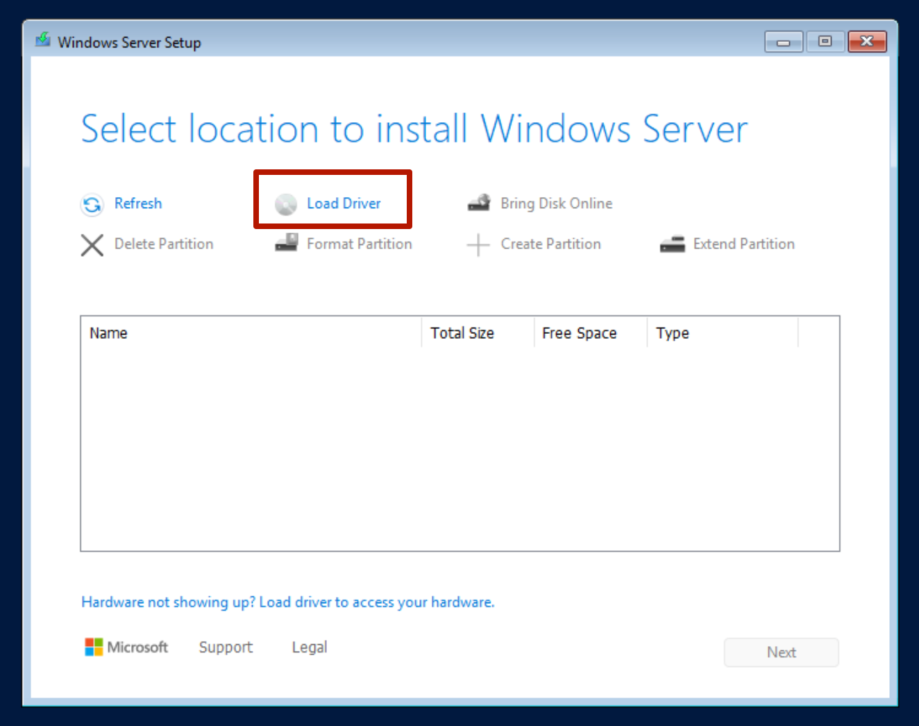 Windows setup with no disks shown