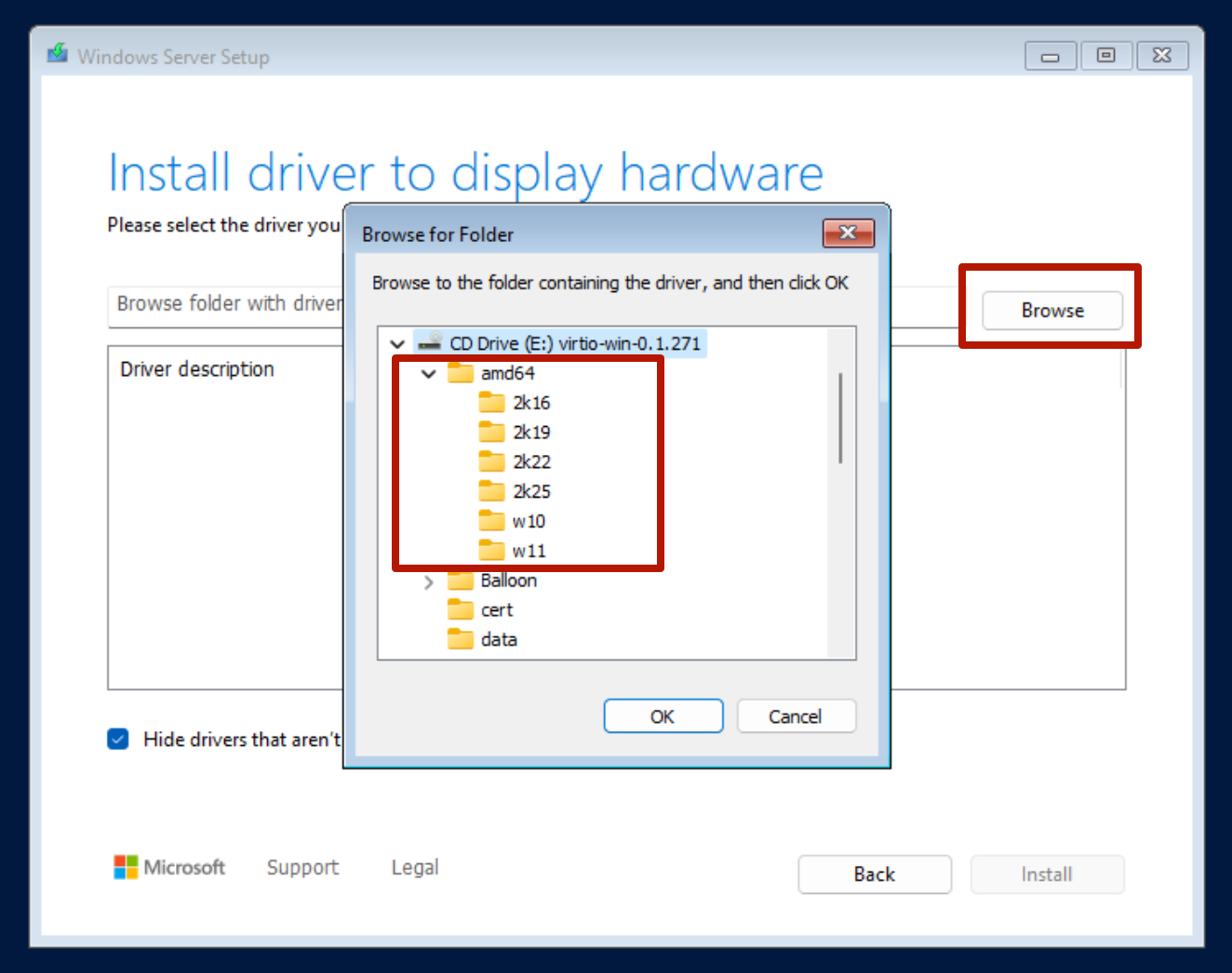 Click Load driver to browse the VirtIO ISO