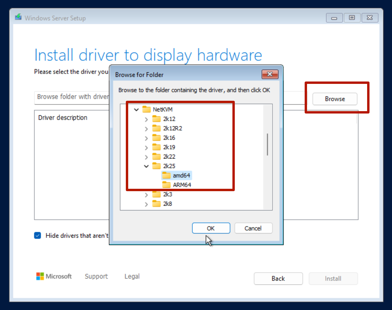 Load the VirtIO network driver to enable internet during install